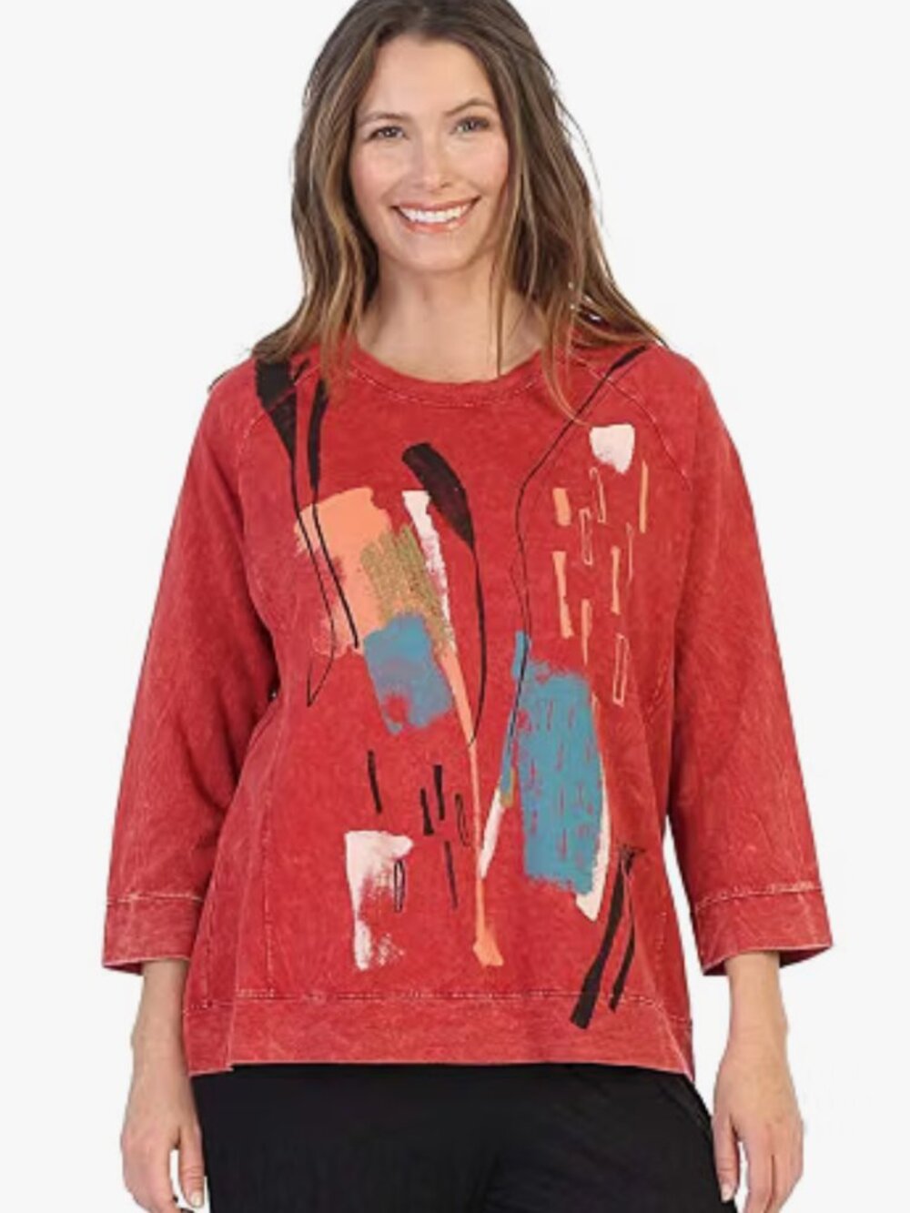 Jess & Jane | Brush Strokes Mineral Wash Artsy Graphic Knit Tunic, Size L